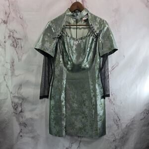 Mukzin Dress Womens Small Green Black Satin Brocade Sparkle Mesh Sleeve